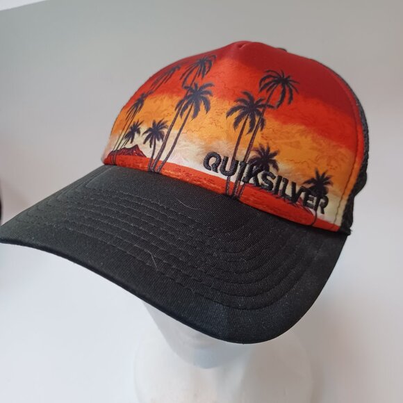 Quicksilver Trucker Hat Cap Snapback Orange Black Sunrise Sunset with Palm Trees - Picture 3 of 9